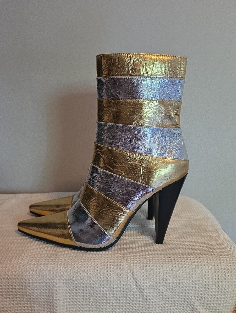 Jeffrey Campbell Metallic Gold & Silver Pointed-Toe Cone Heel Women's Booties - Picture 2 of 6